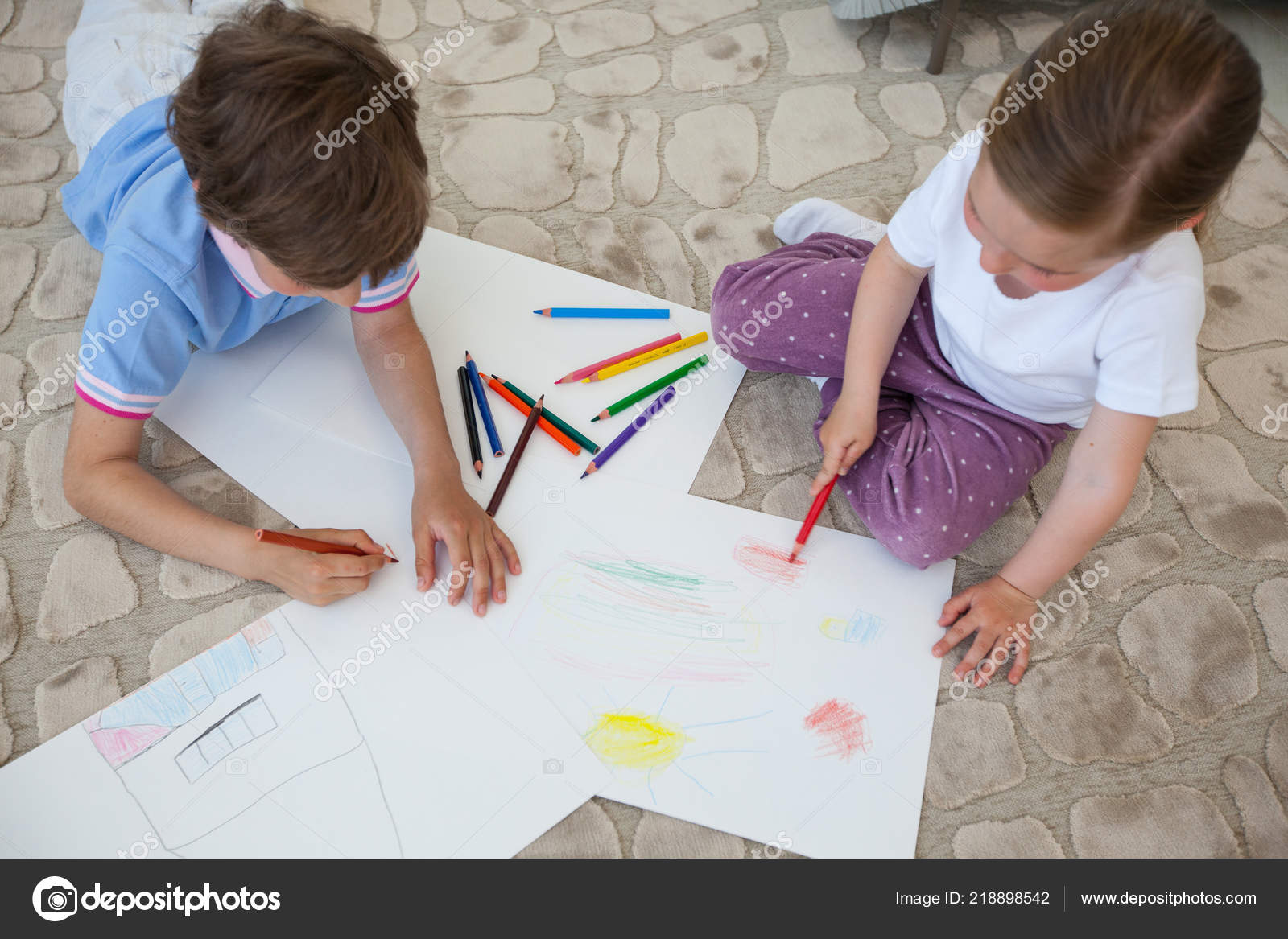 Little Boy Girl Drawing Color Pencils Floor Playing Together Stock Photo By C Alotofpeople