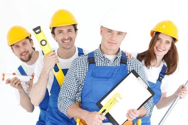 Equipe Felizes Trabalhadores Sorridentes Com Ferramentas Contrato — Fotografia de Stock