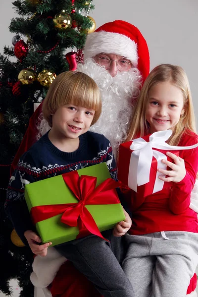 Portrait Smiling Little Children Sitting Santa Claus Knees Christmas Tree Stock Photo