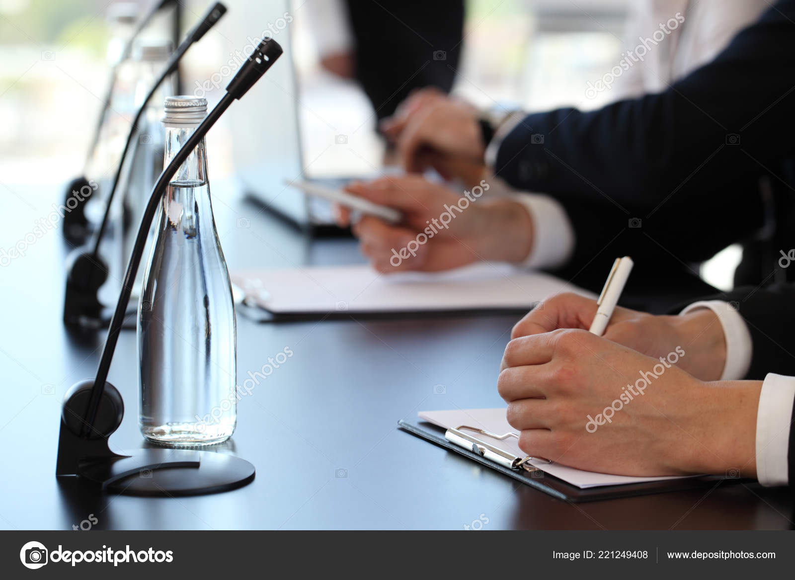 Group Speakers Business Meeting Table Microphones Stock Photo by