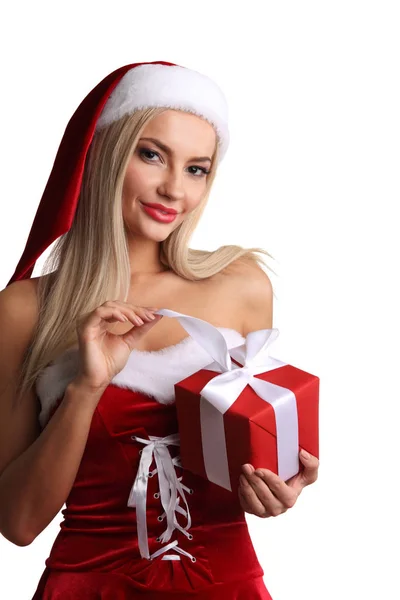 Christmas Woman Santa Claus Style Dress Unpack Gift — Stock Photo, Image