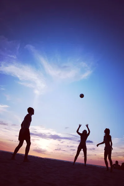 Ομάδα Νέων Που Παίζουν Βόλεϊ Στην Παραλία Ηλιοβασίλεμα — Φωτογραφία Αρχείου