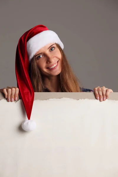 Santa Girl Holding Blank Vintage Sign Billboard Christmas Woman Santa — Stock Photo, Image