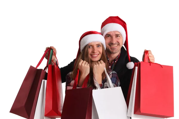 Gelukkig Mooi Paar Met Veel Tassen Met Kerst Geschenken Geïsoleerd — Stockfoto