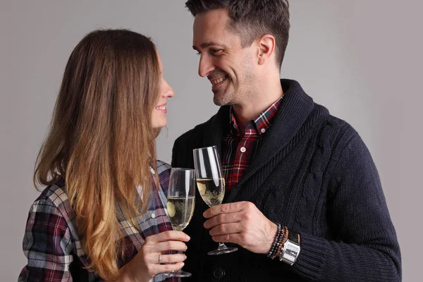 Happy Mature Couple Casual Clothes Embracing Clinking Glasses Champagne — Stock Photo, Image