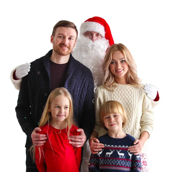 Retrato Familia Joven Con Dos Hijos Con Papá Noel Aislado — Foto de Stock