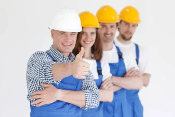 Group Portrait Construction Workers Standing Row Smiling — Stock Photo, Image