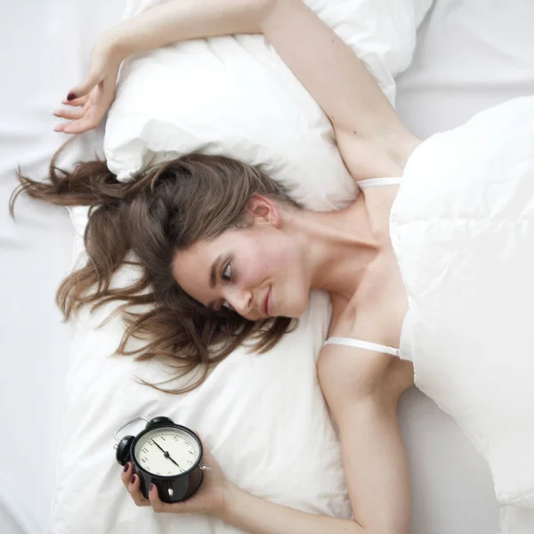 Young Beautiful Woman Waking Alarm Clock — Stock Photo, Image
