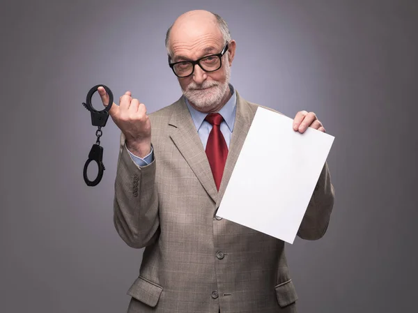 Senior Business Man Handcuffs Blank Contract Paper Hints Danger Financial — Stock Photo, Image
