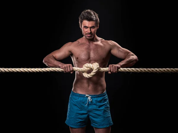 Attractive Muscular Man Holding Node Heavy Ropes Black Background — Stock Photo, Image