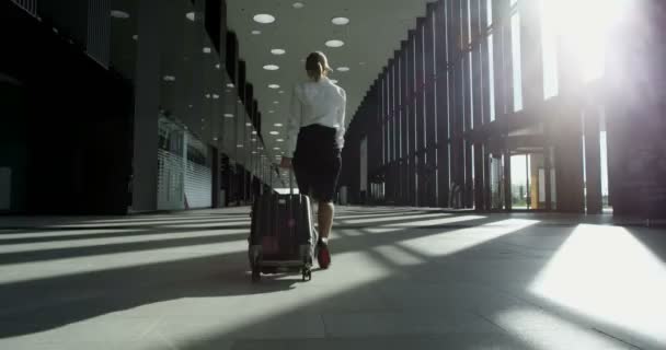 Mujer Negocios Ropa Formal Caminando Con Bolsa Ruedas Terminal Del — Vídeos de Stock