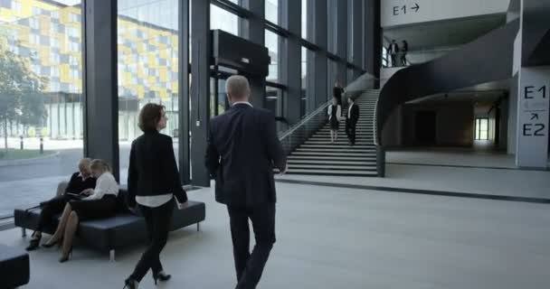 Gente Negocios Moderna Caminando Sala Cristal Del Edificio Oficinas — Vídeos de Stock