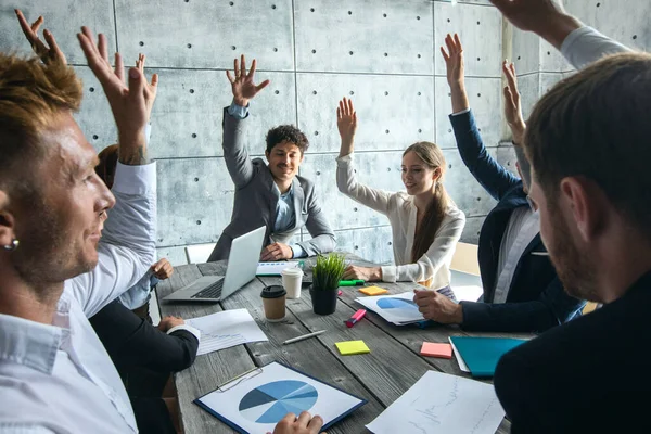 Business People Meeting Raising Hands Corporate Cooperation Success Team Concept — Stock Photo, Image