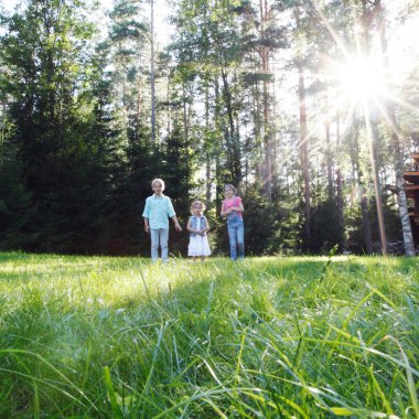 Çocukların arkadaşları Park 'taki çayırlarda yürüyor.