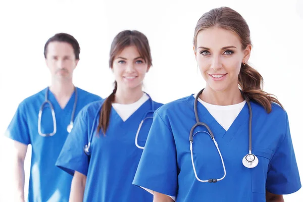 Equipo Médicos Profesionales Uniforme Azul Aislado Sobre Fondo Blanco — Foto de Stock
