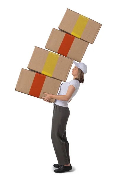Delivery woman with heap of big boxes isolated on white background.