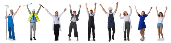 Group of happy people with arms raised representing diverse professions including house painter, worker, architect, doctor, businesswoman, teacher, construction worker, cook, nurse, scientist, housewife, student