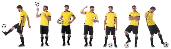 Conjunto Fotos Jogador Futebol Uniforme Amarelo Preto Com Bola Isolada — Fotografia de Stock