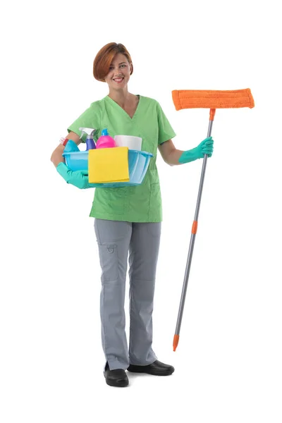 Cleaner Woman Mop Detergent Spray Container Isolated White Background Full — Stock Photo, Image