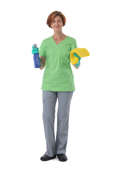 Mujer Más Limpia Con Spray Trapo Aislado Sobre Fondo Blanco — Foto de Stock