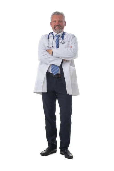 Médico Masculino Maduro Caucasiano Com Estetoscópio Isolado Fundo Branco Retrato — Fotografia de Stock