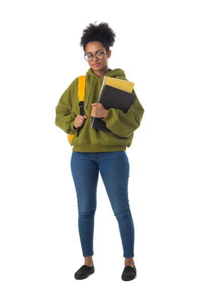 Friendly Ethnic Black Female High School Student Eyeglasses Backpack Composition — Stock Photo, Image