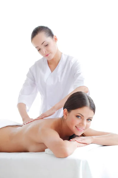 Ung Attraktiv Kvinna Spa Behandling Massage Över Vit Bakgrund — Stockfoto