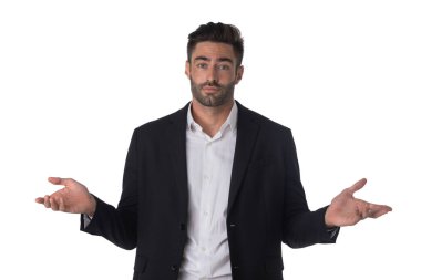 Portrait of confused clueless fruastrated business man shrug hands isolated on white background clipart