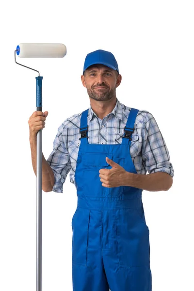 Portrait Male House Painter Paint Roller Showing Thumb Isolated White — Stock Photo, Image