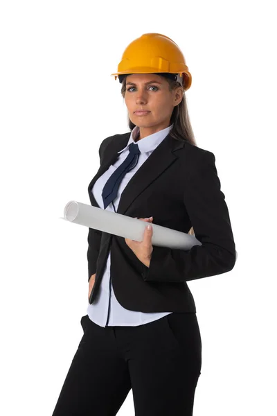 Retrato Mujer Engeneer Arquitecta Hardhat Amarillo Traje Negocios Sosteniendo Plano — Foto de Stock