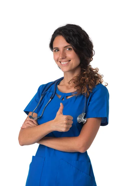 Portrait Infirmière Souriante Heureuse Uniforme Bleu Avec Stéthoscope Montrant Pouce — Photo