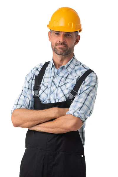 Portrait Workman Coveralls Hardhat Standing Arms Folded Isolated White Background — Stock Photo, Image