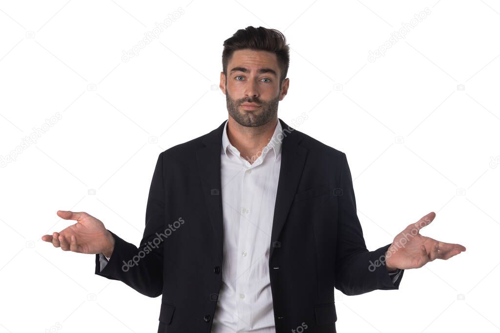 Portrait of confused clueless fruastrated business man shrug hands isolated on white background