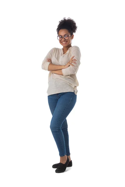 Full Length Portret Van Afrikaanse Amerikaanse Gemengde Ras Vrouw Geïsoleerd — Stockfoto