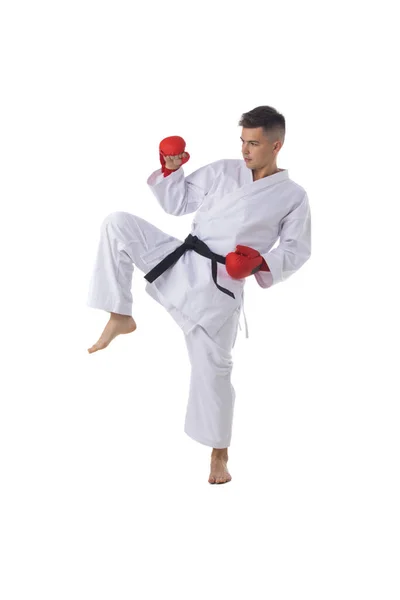 Man Harcos Képzés Taekwondo Elszigetelt Fehér Háttér — Stock Fotó