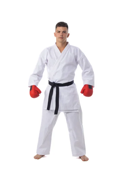 Man Harcos Képzés Taekwondo Elszigetelt Fehér Háttér — Stock Fotó