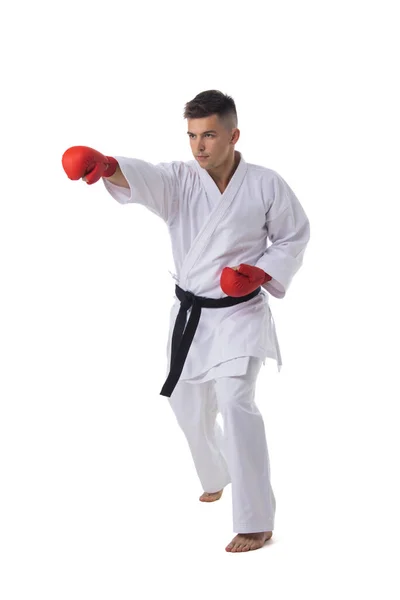 Hombre Entrenamiento Combate Taekwondo Aislado Sobre Fondo Blanco —  Fotos de Stock