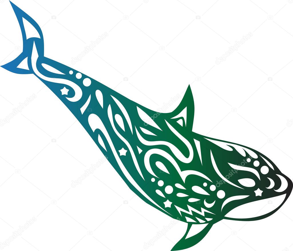 Killer whale with a pattern, a dolphin tattoo, an ornament on the body of an animal, a Koshalot sticker, a sea creature, a vector fish, ocean fauna