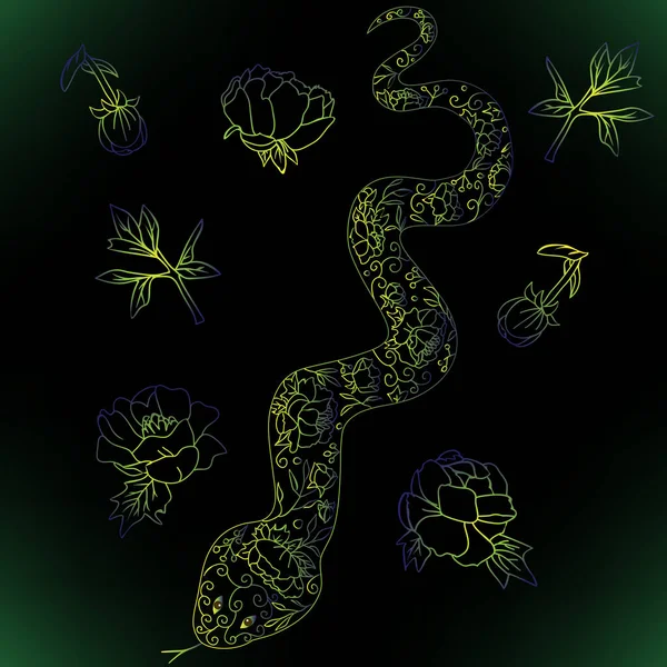 snake with a pattern, cobra, wild animal with a beautiful pattern, desert flora, boletus with a tail, illustration on a black background, poisonous viper, dangerous creature, reptile with design, flowers peonies