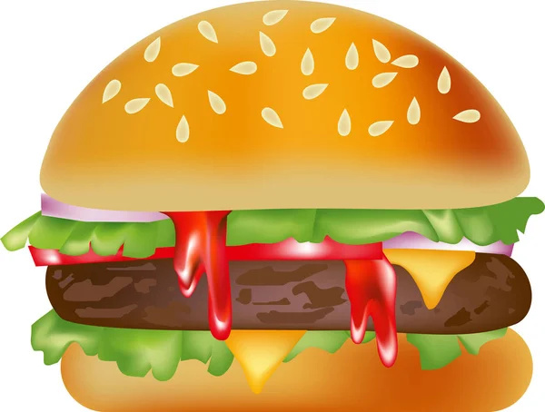 ソース添え チーズバーガー ハンバーガー食ハンバーガー イラスト チーズのサンドイッチ 肉牛肉調理パン菓子パン 白い背景 高速ファーストフード ランチ レタス — ストックベクタ