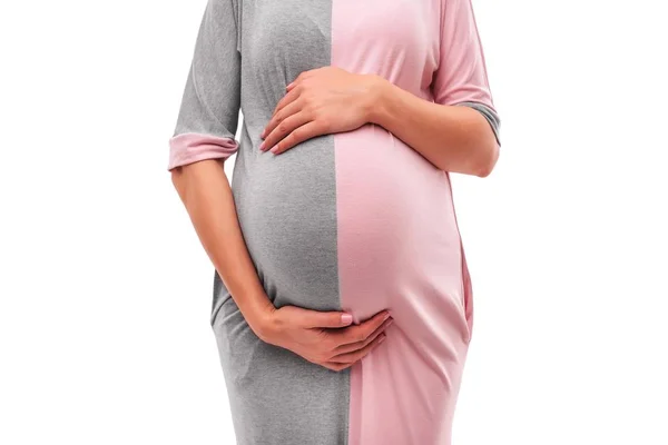 Silhouette einer schwangeren Frau in einem schönen Kleid auf weißem Hintergrund. — Stockfoto