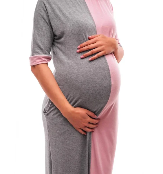 Silhouette einer schwangeren Frau in einem schönen Kleid auf weißem Hintergrund. — Stockfoto