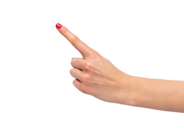 Vrouwelijke vinger punt geïsoleerd op witte achtergrond — Stockfoto