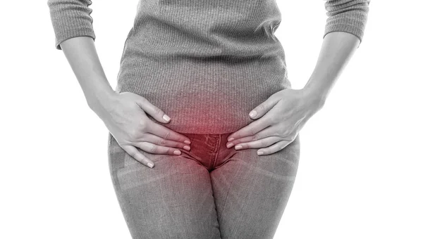 Figura de una mujer con dolor en el cuerpo sobre un fondo blanco . — Foto de Stock