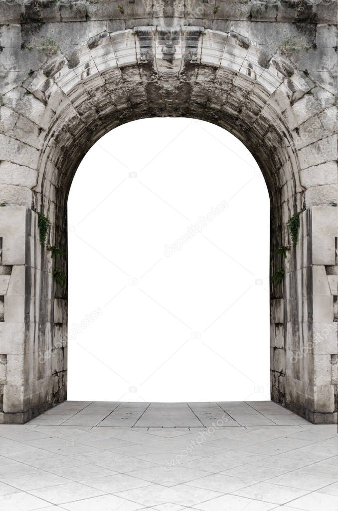 Antique stone arch isolated on white.