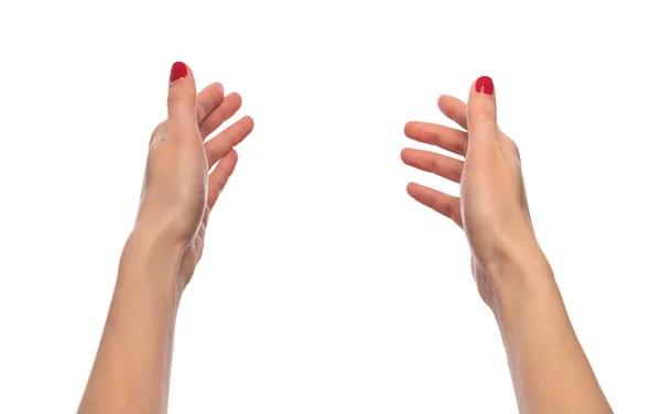 보이지 않는 무언가를 들고 또는 흰색 배경에 손을 당기는 여성의 손. — 스톡 사진