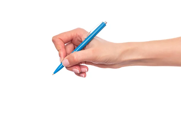 Weibliche Hand hält einen Stift auf weißem Hintergrund. — Stockfoto