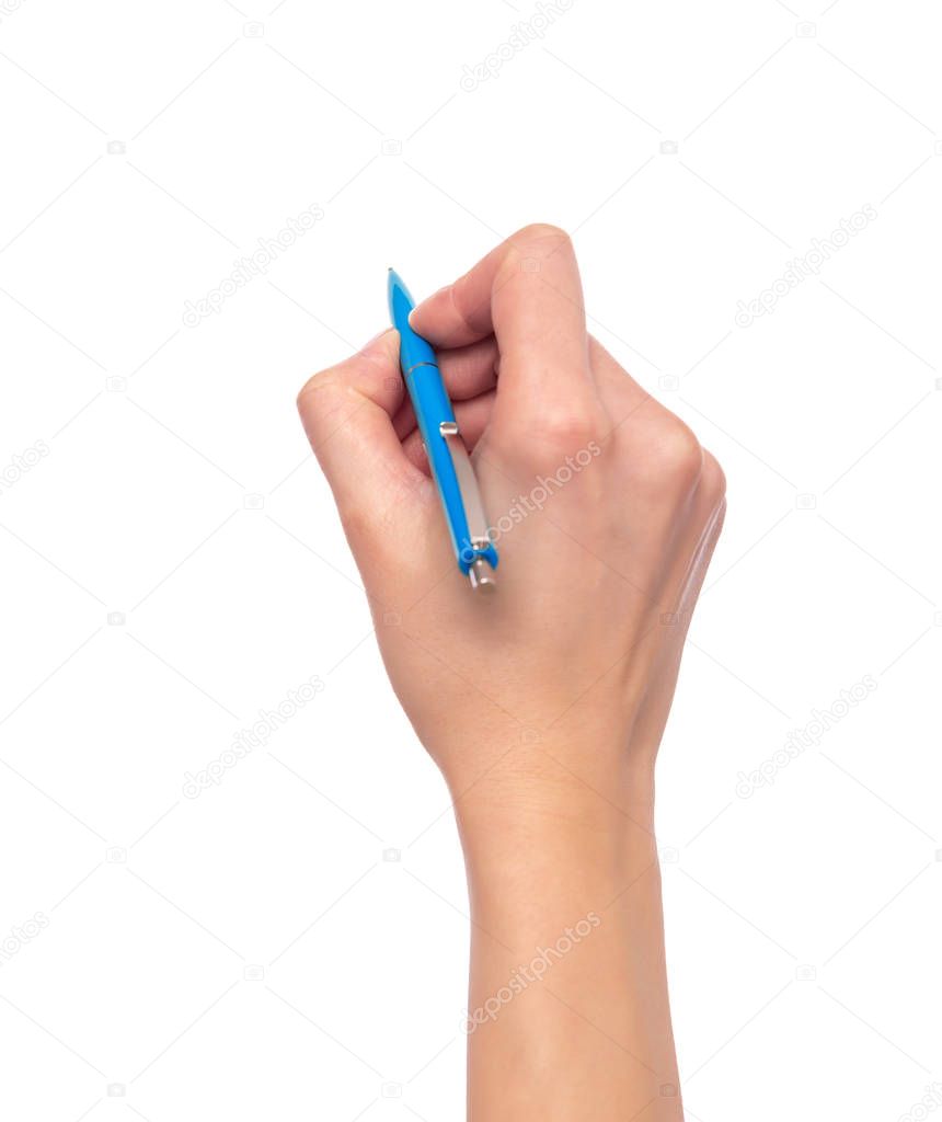 Female hand holding a pen on white background.
