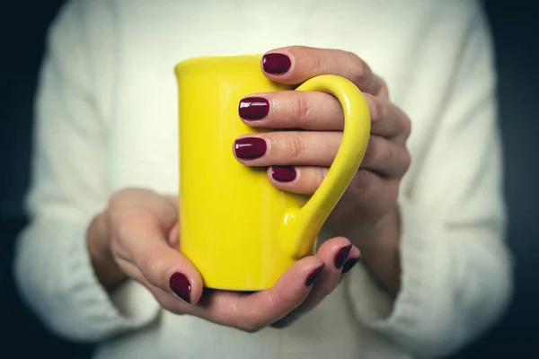 Mujer joven sostiene una taza con una bebida caliente en sus manos . — Foto de Stock