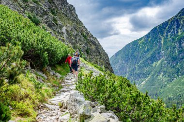 Tatra Dağları'ndaki dağ parkurlarında turistler, Slovakya.